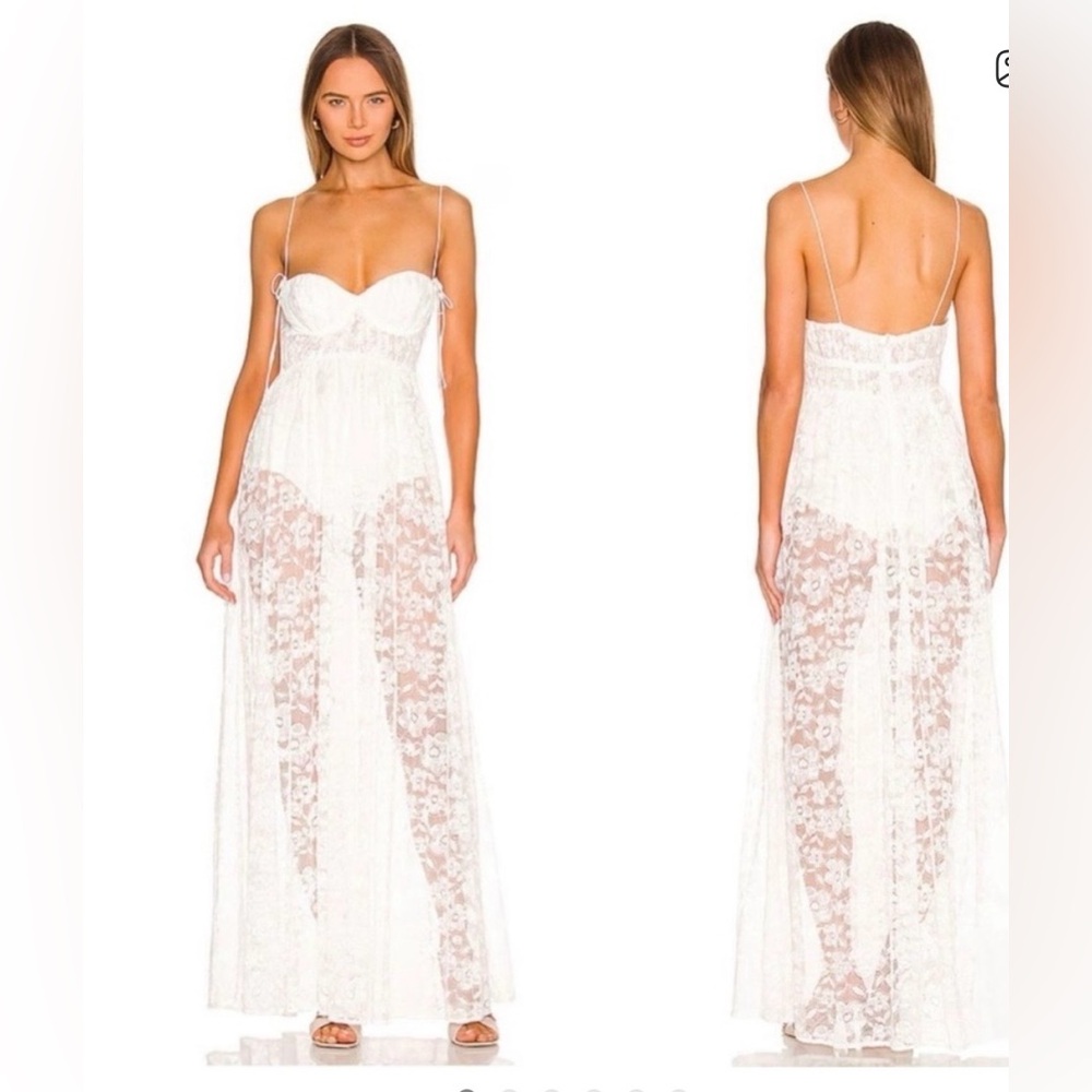 For Love and Lemons Lorena Soft White Lace Semi Sheer Maxi, Bodysuit  NWT XS